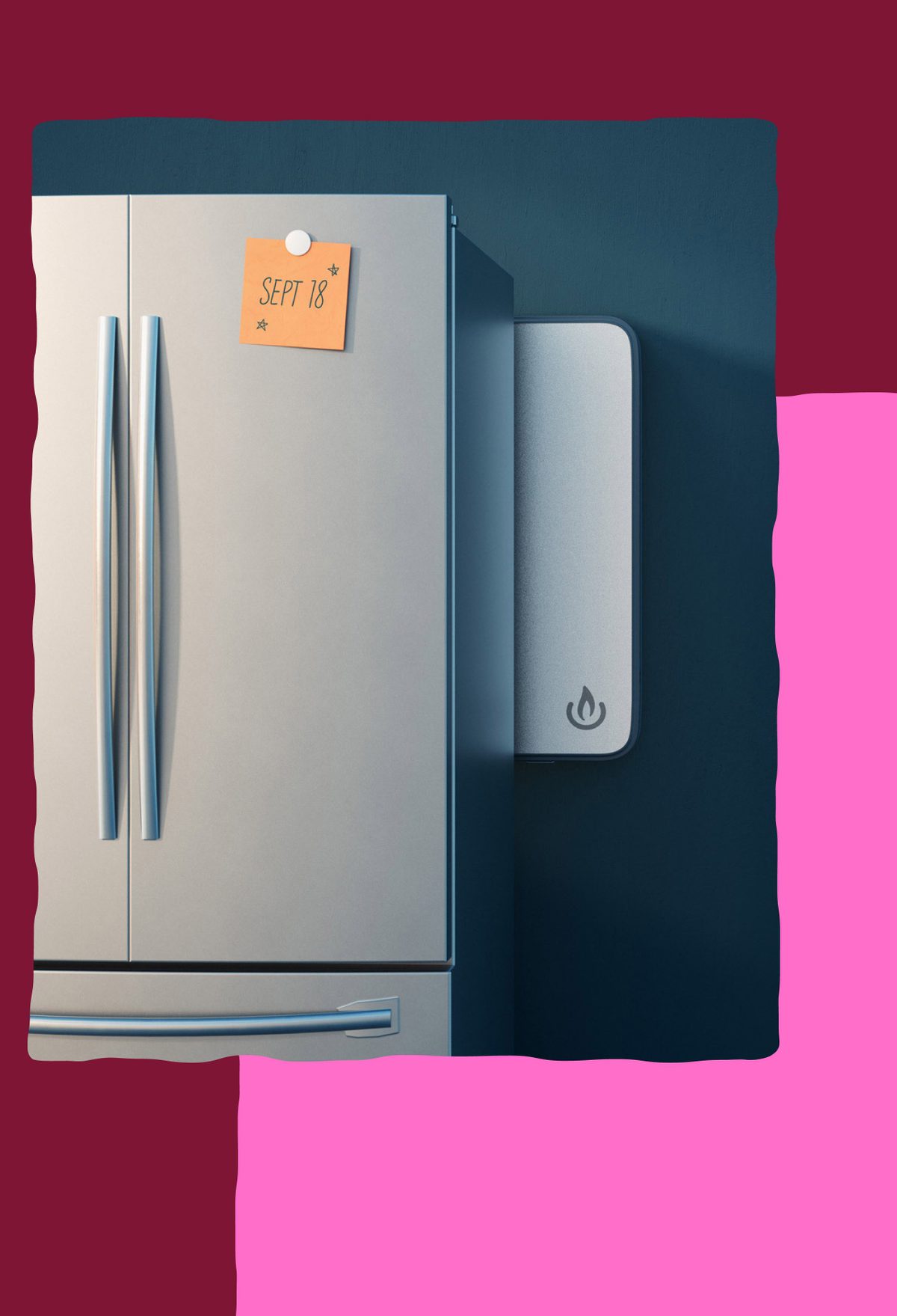 image of a refrigerator with hardware attached to it. Sticky note on the fridge says Sep 18.