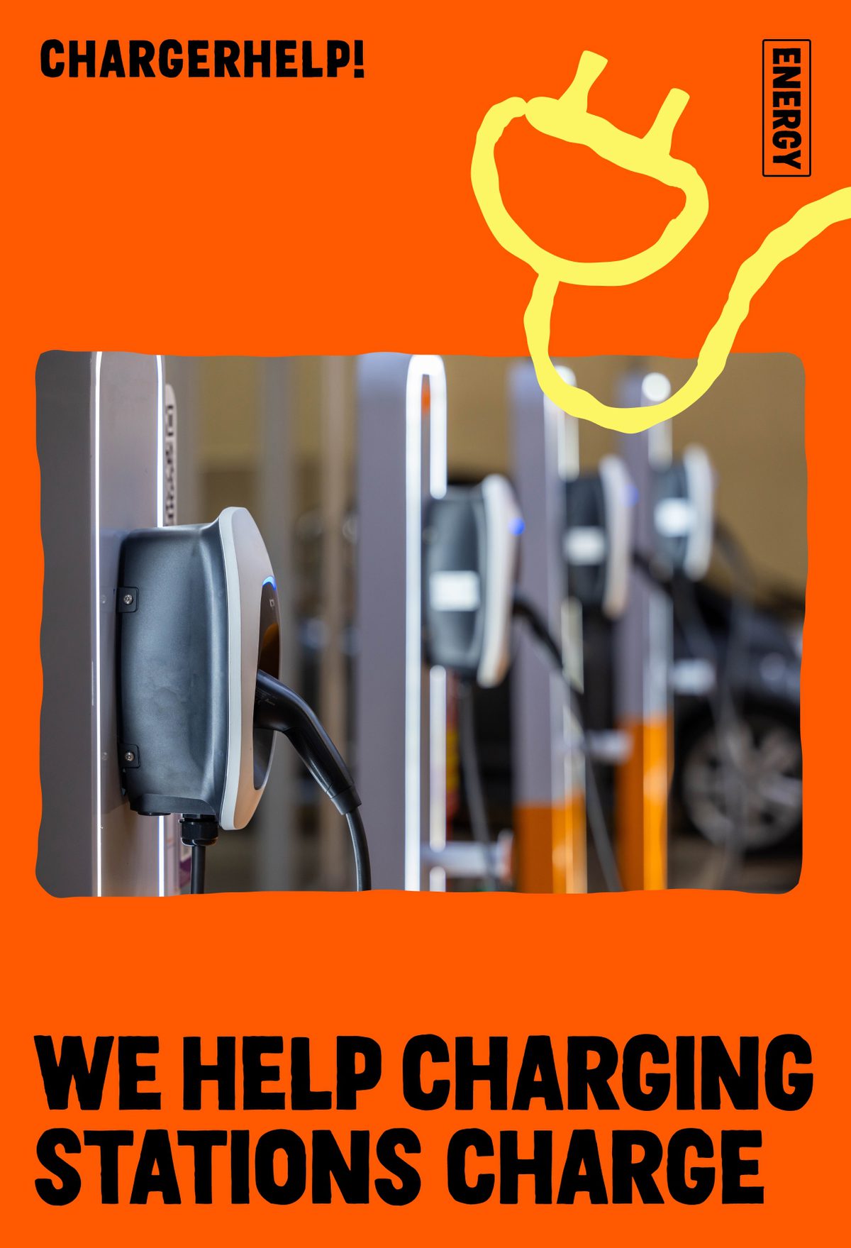 Chargerhelp: we keep charging stations working. Inset photo of electric charging stations.