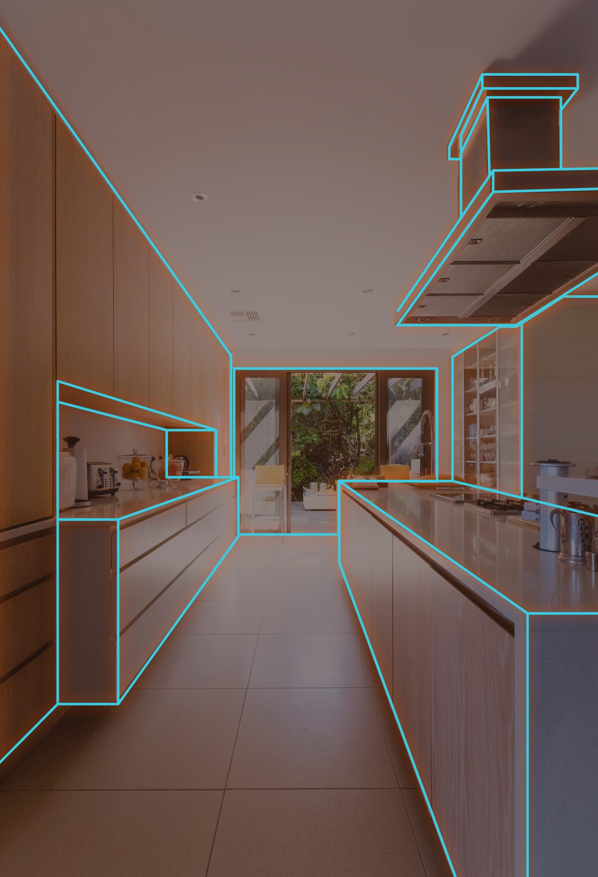 A modern kitchen interior with glowing pink lines superimposed to outline the furniture and cabinets.