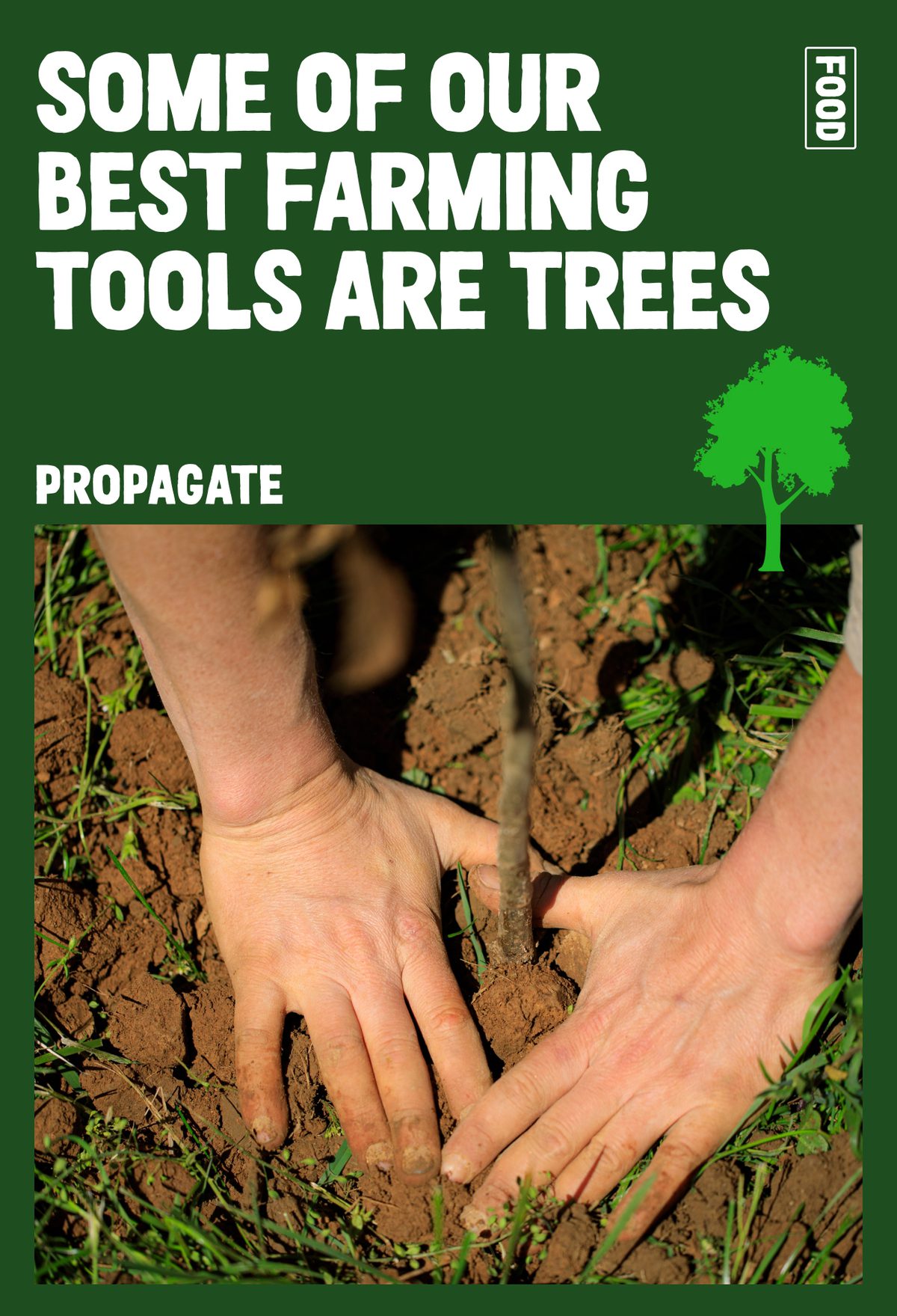 Propagate: Some of our best farmers are trees. Inset closeup photo of hands planting a sapling in dirt.