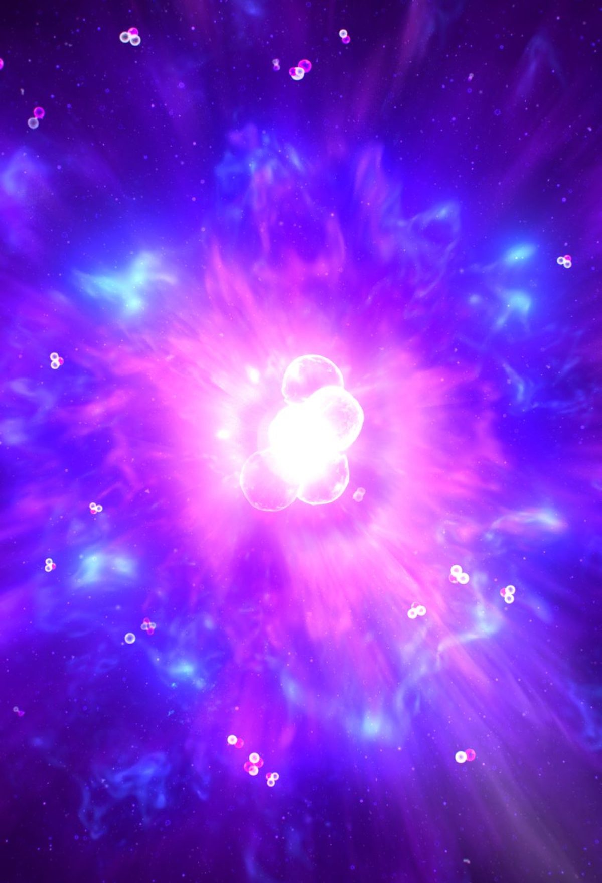 A pink and blue nebula surrounded by glowing wisps of interstellar material.