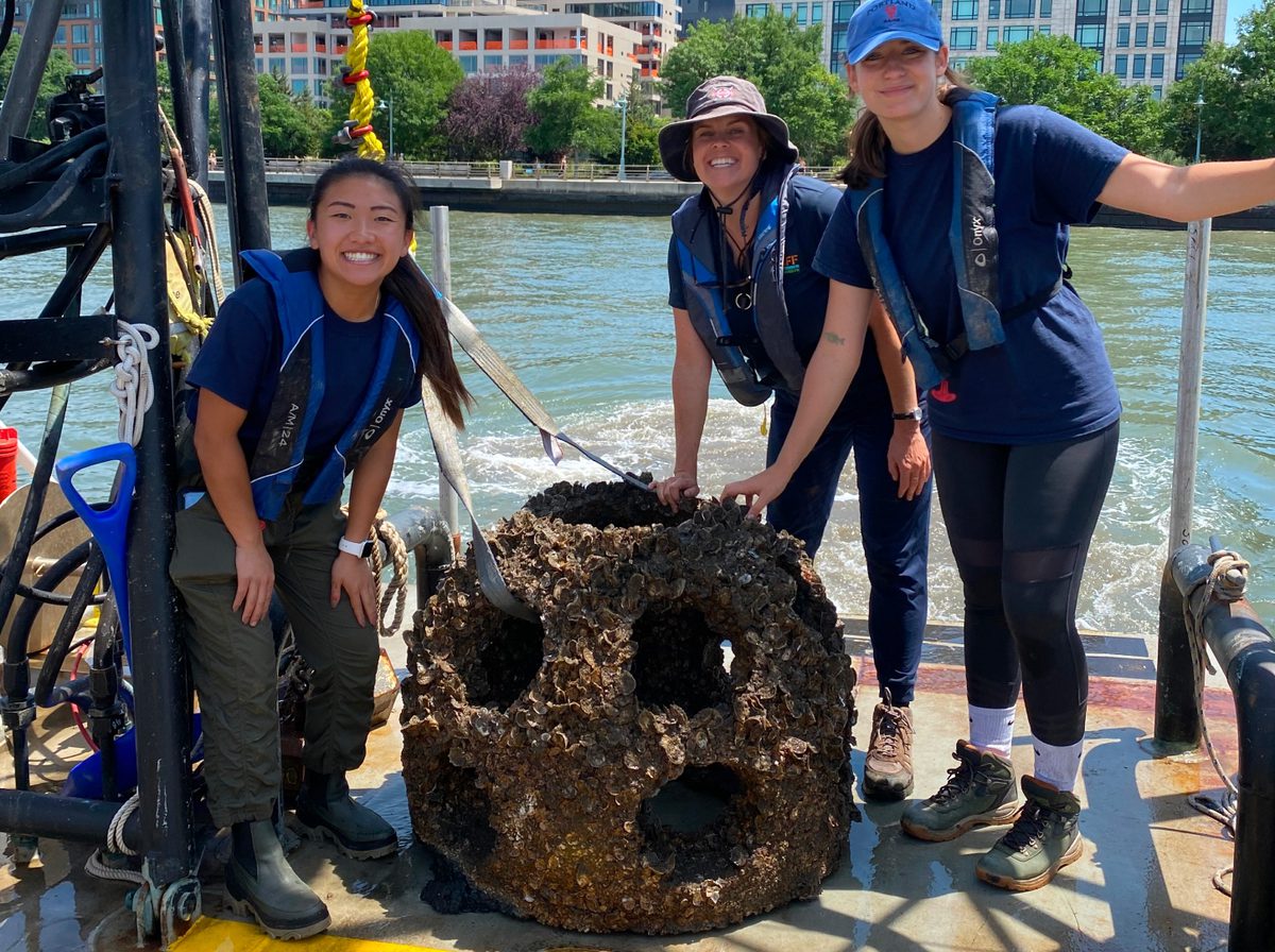 Image of people standing around a round object that looks like it came out of the river