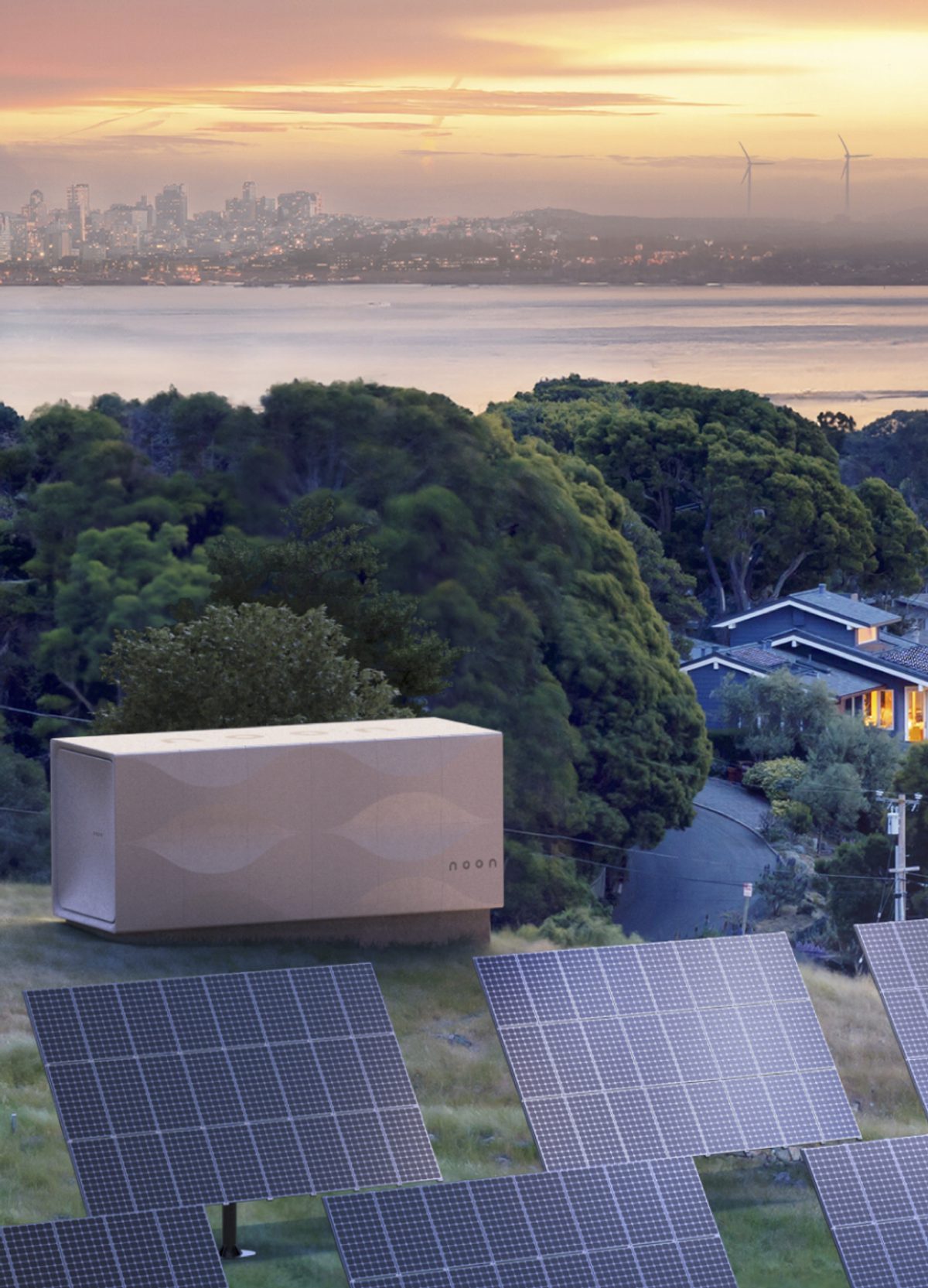 A cubic noon battery appears next to a series of solar panels.